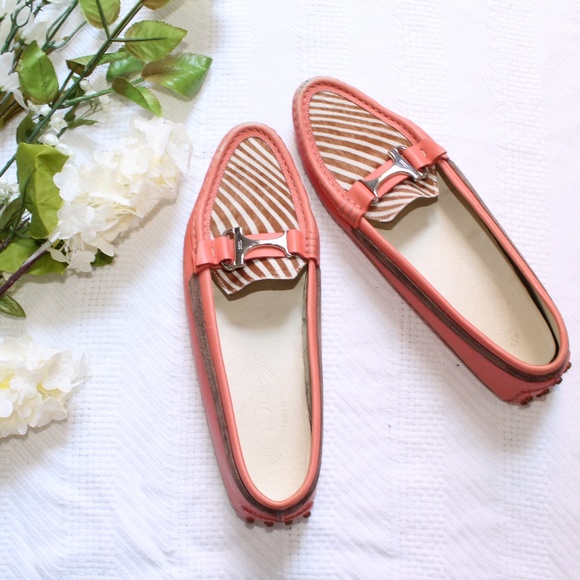 Tod's Shoes - Tod's Salmon Pink Pony Hair Leather Loafers Sz 7.5